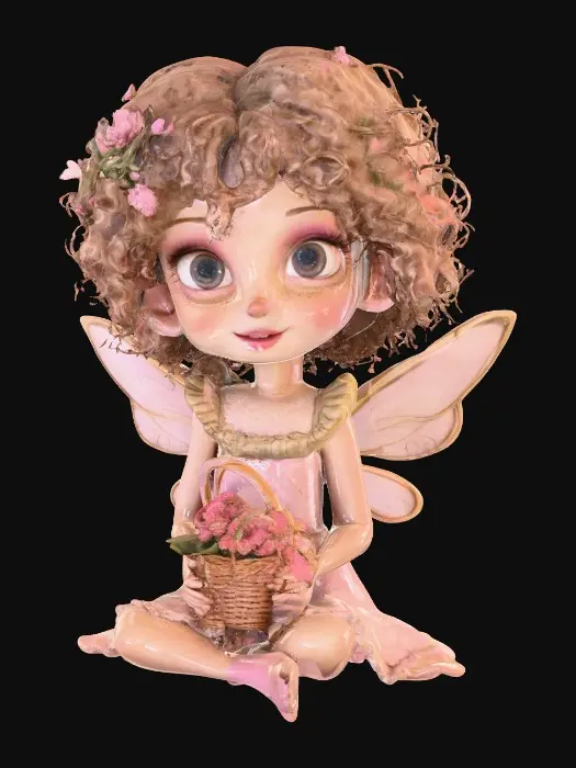 3D model for Fantasy art. Full body shot. Young curly head fairy holds a basket of flowers in her hands. stylized cartoon proportions, big expressive eyes, soft round freckled face, pink lips in a wide toothy smile, curly hair with tiny flowers entwined, pointy ears, ceramic embossed highly detailed wings, ruffeled dress, lacy socks. Sitting on a Round base. Cinematic warm lighting, golden hour atmosphere, Smooth animation-quality rendering, high realism textures, soft shadows, professional character design, full body shot, Whimsical storybook art. Delicate features. Against a pure white background, illustration, detailed, charming, whimsical, storybook art, best quality, masterpiece