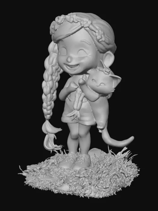 3D model for Cartoonish, adorable, laughing, freckled face, green eyed girl with long, red, intricate braids and a playful kitten with a flower crown, tugging at one of the braids, they are perched on a small, round grassy base with delicate daisy-like flowers, evoking joyous fun. Suitable for 3d printing. Well formed limbs and clear faces.