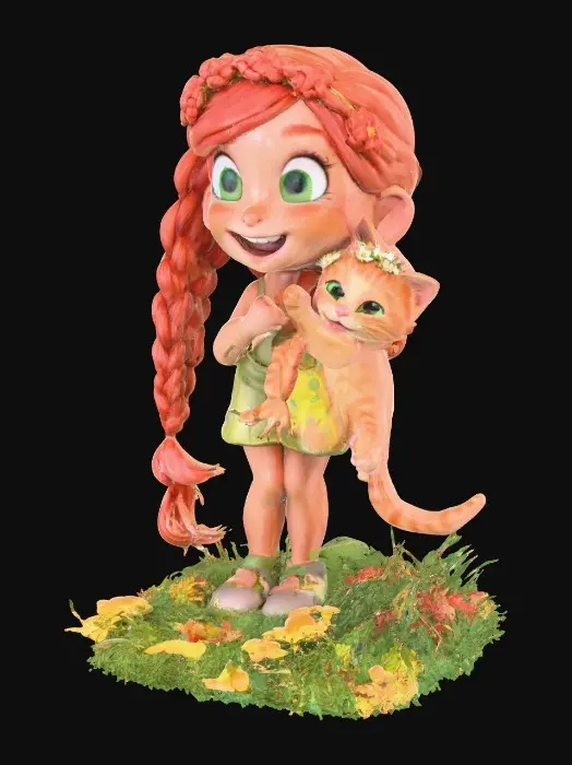 3D model for Cartoonish, adorable, laughing, freckled face, green eyed girl with long, red, intricate braids and a playful kitten with a flower crown, tugging at one of the braids, they are perched on a small, round grassy base with delicate daisy-like flowers, evoking joyous fun. Suitable for 3d printing. Well formed limbs and clear faces.