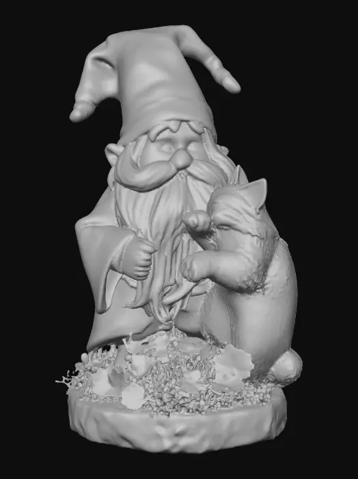 3D model for Hyper-realistic adorable wizard gnome and a long-whiskered cat playfully tugging a war with the gnome's long beard. They are positioned on a small, round grassy base adorned with delicate daisy-like flowers, evoking a scene of pure, joyful fun. The background is a clean, plain white, ensuring the focus remains entirely on the charming interaction between the gnome and the cat. Rendered in a vibrant, whimsical illustration style with soft, rounded edges, reminiscent of children's book art and the playful character designs of [artists like Beatrix Potter and Mary Blair], with bright, cheerful lighting.