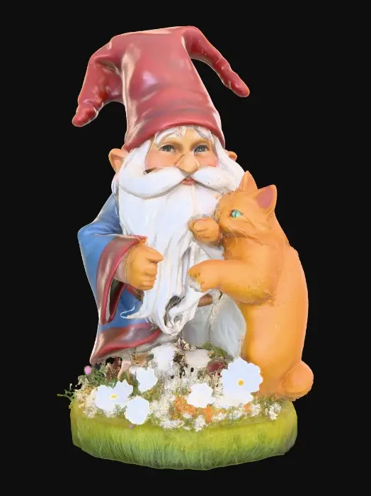 3D model for Hyper-realistic adorable wizard gnome and a long-whiskered cat playfully tugging a war with the gnome's long beard. They are positioned on a small, round grassy base adorned with delicate daisy-like flowers, evoking a scene of pure, joyful fun. The background is a clean, plain white, ensuring the focus remains entirely on the charming interaction between the gnome and the cat. Rendered in a vibrant, whimsical illustration style with soft, rounded edges, reminiscent of children's book art and the playful character designs of [artists like Beatrix Potter and Mary Blair], with bright, cheerful lighting.