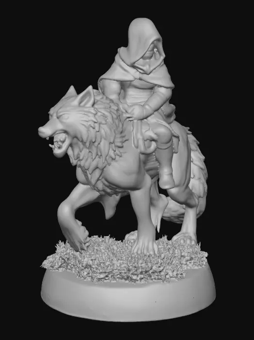 3D model for A shapely adult fantasy figurine, clad in a crimson hooded cape, posed triumphantly on the back of a majestic dire wolf. The figurine is sculpted with sharp, clean lines and vibrant, saturated colors. The dire wolf has powerful musculature and a determined expression, its fur textured with subtle detail, standing on a round grassy base. Presented in a bold, graphic 3D cartoon style, evoking the polished aesthetic of modern figurine art, with a seamless, pure white background and studio lighting to emphasize the sculpted forms and dynamic composition.