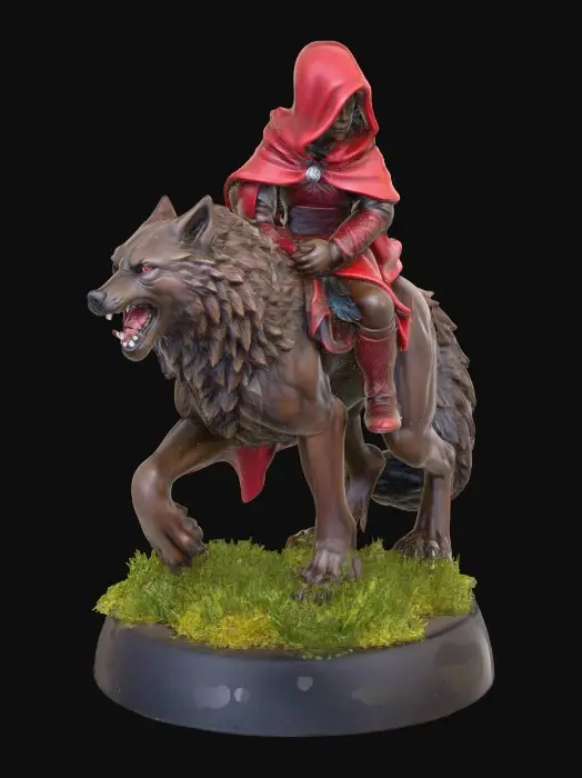 3D model for A shapely adult fantasy figurine, clad in a crimson hooded cape, posed triumphantly on the back of a majestic dire wolf. The figurine is sculpted with sharp, clean lines and vibrant, saturated colors. The dire wolf has powerful musculature and a determined expression, its fur textured with subtle detail, standing on a round grassy base. Presented in a bold, graphic 3D cartoon style, evoking the polished aesthetic of modern figurine art, with a seamless, pure white background and studio lighting to emphasize the sculpted forms and dynamic composition.