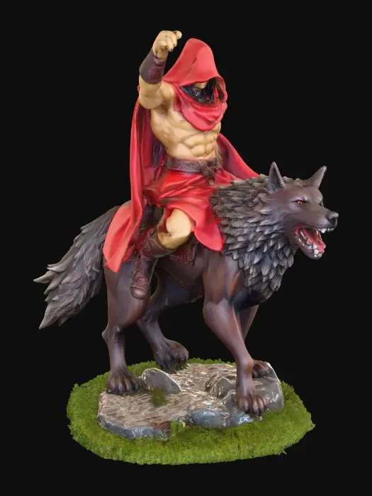 3D model for A shapely adult fantasy figurine, clad in a crimson hooded cape, posed triumphantly on the back of a majestic dire wolf. The figurine is sculpted with sharp, clean lines and vibrant, saturated colors. The dire wolf has powerful musculature and a determined expression, its fur textured with subtle detail, standing on a round grassy base. Presented in a bold, graphic 3D cartoon style, evoking the polished aesthetic of modern figurine art, with a seamless, pure white background and studio lighting to emphasize the sculpted forms and dynamic composition.