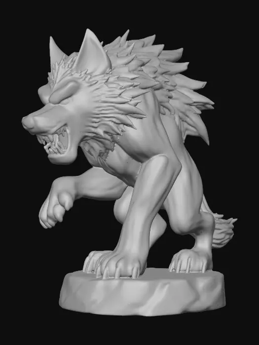 3D model for majestic dire wolf. The figurine is sculpted with sharp, clean lines and vibrant, saturated colors. The dire wolf has powerful musculature and a slight snarling face, its fur textured with subtle detail, standing on a round rocky base. Presented in a bold, graphic 3D cartoon style, evoking the polished aesthetic of modern figurine art, moody atmosphere with a seamless, pure white background and studio lighting to emphasize the sculpted forms and dynamic composition