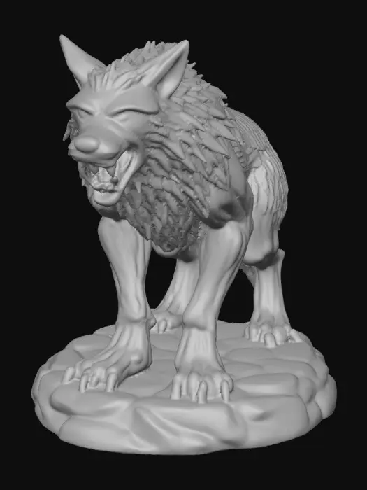 3D model for majestic dire wolf. The figurine is sculpted with sharp, clean lines and vibrant, saturated colors. The dire wolf has powerful musculature and a slight snarling face, its fur textured with subtle detail, standing on a round rocky base. Presented in a bold, graphic 3D cartoon style, evoking the polished aesthetic of modern figurine art, moody atmosphere with a seamless, pure white background and studio lighting to emphasize the sculpted forms and dynamic composition
