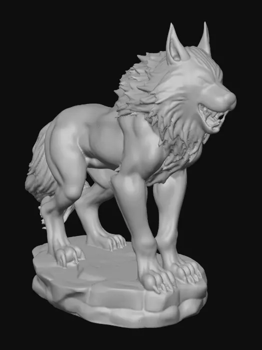 3D model for majestic dire wolf. The figurine is sculpted with sharp, clean lines and vibrant, saturated colors. The dire wolf has powerful musculature and a slight snarling face, its fur textured with subtle detail, standing on a round rocky base. Presented in a bold, graphic 3D cartoon style, evoking the polished aesthetic of modern figurine art, moody atmosphere with a seamless, pure white background and studio lighting to emphasize the sculpted forms and dynamic composition