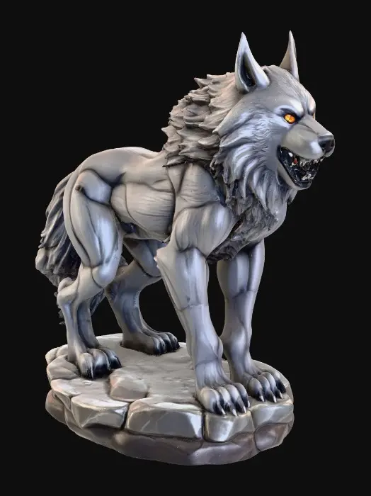 3D model for majestic dire wolf. The figurine is sculpted with sharp, clean lines and vibrant, saturated colors. The dire wolf has powerful musculature and a slight snarling face, its fur textured with subtle detail, standing on a round rocky base. Presented in a bold, graphic 3D cartoon style, evoking the polished aesthetic of modern figurine art, moody atmosphere with a seamless, pure white background and studio lighting to emphasize the sculpted forms and dynamic composition