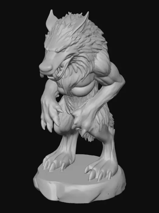 3D model for majestic dire wolf. The figurine is sculpted with sharp, clean lines and vibrant, saturated colors. The dire wolf has powerful musculature and a slight snarling face, its fur textured with subtle detail, standing on a round rocky base. Presented in a bold, graphic 3D cartoon style, evoking the polished aesthetic of modern figurine art, moody atmosphere with a seamless, pure white background and studio lighting to emphasize the sculpted forms and dynamic composition