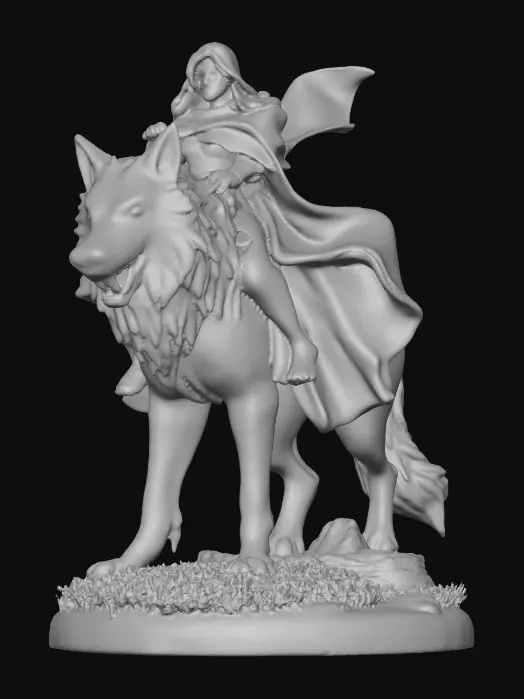 3D model for A shapely busty adult female fantasy figurine, clad in a crimson hooded cape, posed triumphantly on the back of a majestic dire wolf. The figurines are sculpted with sharp, clean lines and vibrant, saturated colors. The dire wolf has powerful musculature and a determined expression, its fur textured with subtle detail, standing on a round grassy base. Presented in a bold, graphic 3D cartoon style, evoking the polished aesthetic of modern figurine gamer art, with a seamless, pure white background and studio lighting to emphasize the sculpted forms and dynamic composition.