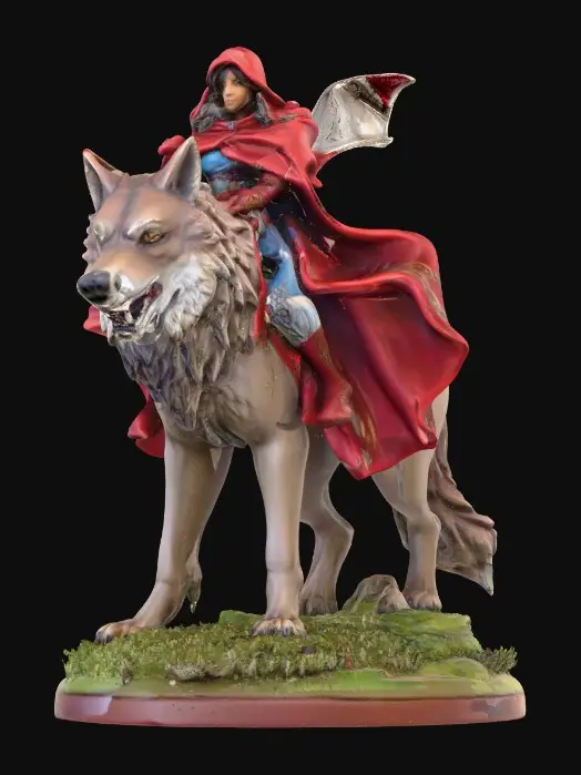 3D model for A shapely busty adult female fantasy figurine, clad in a crimson hooded cape, posed triumphantly on the back of a majestic dire wolf. The figurines are sculpted with sharp, clean lines and vibrant, saturated colors. The dire wolf has powerful musculature and a determined expression, its fur textured with subtle detail, standing on a round grassy base. Presented in a bold, graphic 3D cartoon style, evoking the polished aesthetic of modern figurine gamer art, with a seamless, pure white background and studio lighting to emphasize the sculpted forms and dynamic composition.