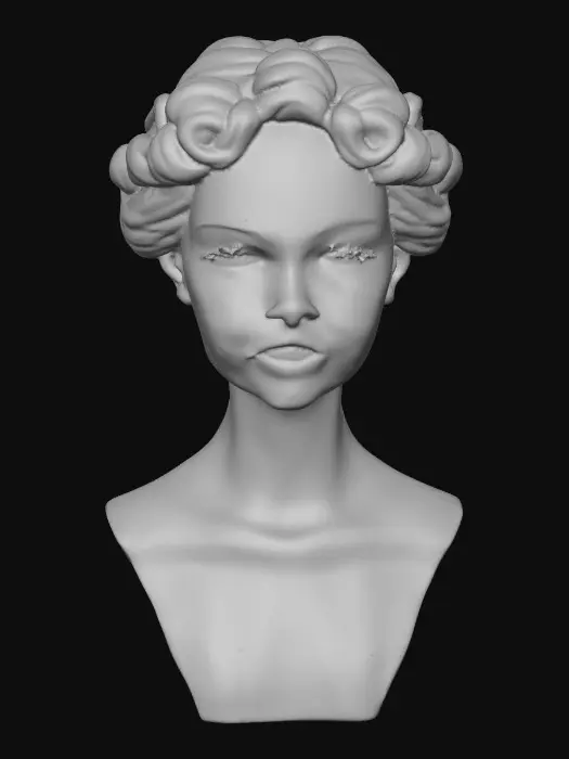 3D model for A vintage porcelain doll bust with arms and hands, Delicate hands with red lacquered fingernails, and polished pink lips smiling. Delicate painted porcelain texture with subtle cracks and wisps of hair in an intricate fancy royal updo hairstyle. Head, shoulders, waist, arms, and hands. Vintage collectible aesthetic. Elegant, subtle Masterpiece, high quality, 3d model ready, detailed, intricate, 17th-century aesthetic.