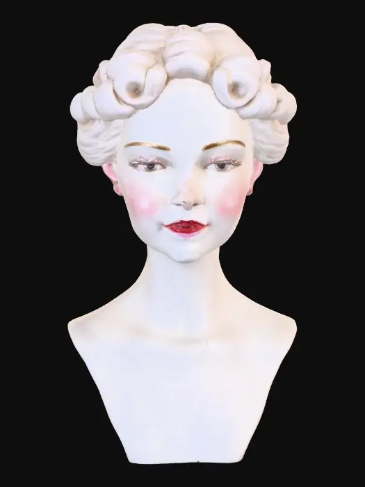 3D model for A vintage porcelain doll bust with arms and hands, Delicate hands with red lacquered fingernails, and polished pink lips smiling. Delicate painted porcelain texture with subtle cracks and wisps of hair in an intricate fancy royal updo hairstyle. Head, shoulders, waist, arms, and hands. Vintage collectible aesthetic. Elegant, subtle Masterpiece, high quality, 3d model ready, detailed, intricate, 17th-century aesthetic.