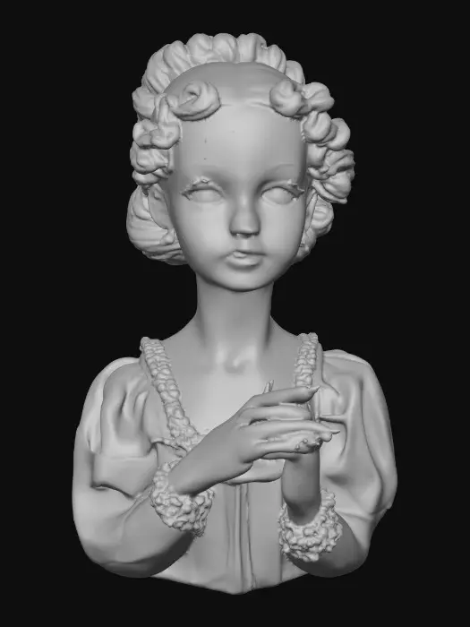 3D model for A vintage porcelain doll bust with arms and hands, Delicate hands with red lacquered fingernails, and polished pink lips smiling. Delicate painted porcelain texture with subtle cracks and wisps of hair in an intricate fancy royal updo hairstyle. Head, shoulders, waist, arms, and hands. Vintage collectible aesthetic. Elegant, subtle Masterpiece, high quality, 3d model ready, detailed, intricate, 17th-century aesthetic.