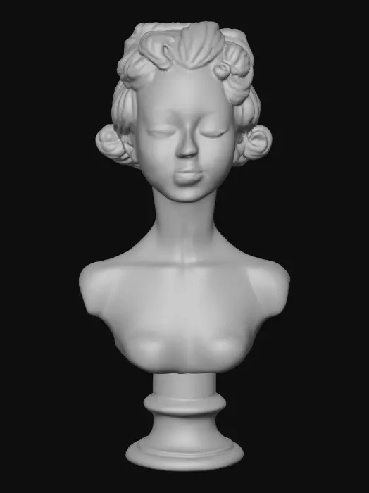 3D model for A vintage porcelain doll bust with arms and hands, Delicate hands with red lacquered fingernails, and polished pink lips smiling. Delicate painted porcelain texture with subtle cracks and wisps of hair in an intricate fancy royal updo hairstyle. Head, shoulders, waist, arms, and hands. Vintage collectible aesthetic. Elegant, subtle Masterpiece, high quality, 3d model ready, detailed, intricate, 17th-century aesthetic.