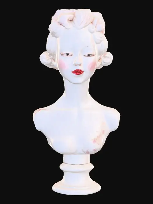 3D model for A vintage porcelain doll bust with arms and hands, Delicate hands with red lacquered fingernails, and polished pink lips smiling. Delicate painted porcelain texture with subtle cracks and wisps of hair in an intricate fancy royal updo hairstyle. Head, shoulders, waist, arms, and hands. Vintage collectible aesthetic. Elegant, subtle Masterpiece, high quality, 3d model ready, detailed, intricate, 17th-century aesthetic.