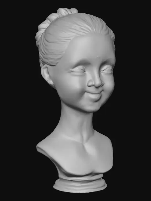 3D model for A vintage porcelain doll bust with arms and hands, Delicate hands with red lacquered fingernails, and polished pink lips smiling. Delicate painted porcelain texture with subtle cracks and wisps of hair in an intricate fancy royal updo hairstyle. Head, shoulders, waist, arms, and hands. Vintage collectible aesthetic. Elegant, subtle Masterpiece, high quality, 3d model ready, detailed, intricate, 17th-century aesthetic.