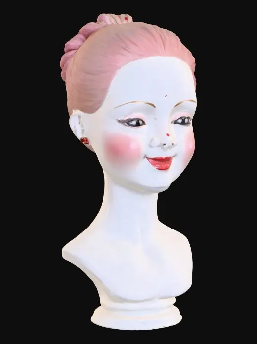 3D model for A vintage porcelain doll bust with arms and hands, Delicate hands with red lacquered fingernails, and polished pink lips smiling. Delicate painted porcelain texture with subtle cracks and wisps of hair in an intricate fancy royal updo hairstyle. Head, shoulders, waist, arms, and hands. Vintage collectible aesthetic. Elegant, subtle Masterpiece, high quality, 3d model ready, detailed, intricate, 17th-century aesthetic.
