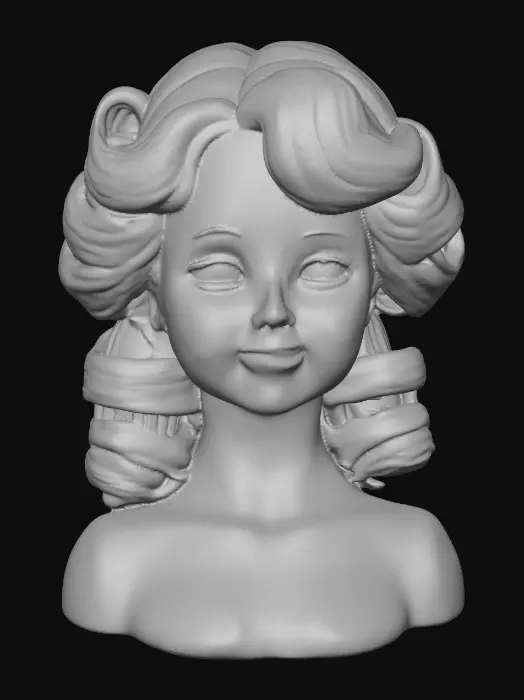 3D model for Art Nouveau. vintage porcelain doll bust with arms and hands, smiles, with big almond-shaped brown eyes in an intricate updo hairstyle. Delicate painted porcelain texture with subtle cracks and wisps of hair. Intricate updo. Elegant, collectible masterpiece, 18th-century aesthetic, detailed, intricate, unique, classic, high quality, vintage. Suitable for 3d model printing