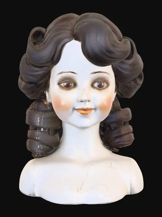 3D model for Art Nouveau. vintage porcelain doll bust with arms and hands, smiles, with big almond-shaped brown eyes in an intricate updo hairstyle. Delicate painted porcelain texture with subtle cracks and wisps of hair. Intricate updo. Elegant, collectible masterpiece, 18th-century aesthetic, detailed, intricate, unique, classic, high quality, vintage. Suitable for 3d model printing