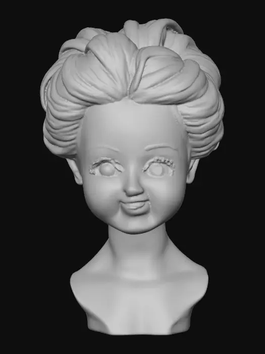 3D model for Art Nouveau. vintage porcelain doll bust with arms and hands, smiles, with big almond-shaped brown eyes in an intricate updo hairstyle. Delicate painted porcelain texture with subtle cracks and wisps of hair. Intricate updo. Elegant, collectible masterpiece, 18th-century aesthetic, detailed, intricate, unique, classic, high quality, vintage. Suitable for 3d model printing