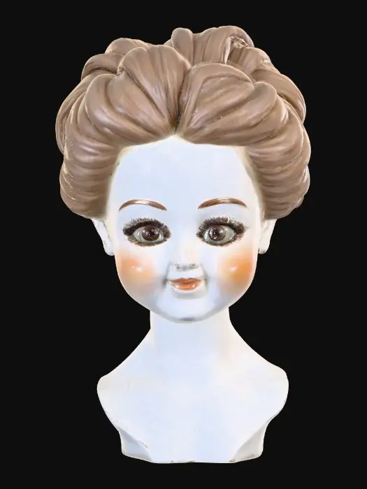 3D model for Art Nouveau. vintage porcelain doll bust with arms and hands, smiles, with big almond-shaped brown eyes in an intricate updo hairstyle. Delicate painted porcelain texture with subtle cracks and wisps of hair. Intricate updo. Elegant, collectible masterpiece, 18th-century aesthetic, detailed, intricate, unique, classic, high quality, vintage. Suitable for 3d model printing