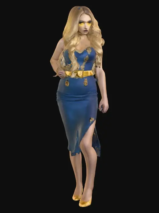 3D model for Sultry Goldilocks" a glamorous sexy reimagining of the classic fairy tale character. This aesthetic often blends the traditional yellow, gold, and blue color palette with modern elements like bold makeup, elaborate blonde hair styling, or high-fashion photography