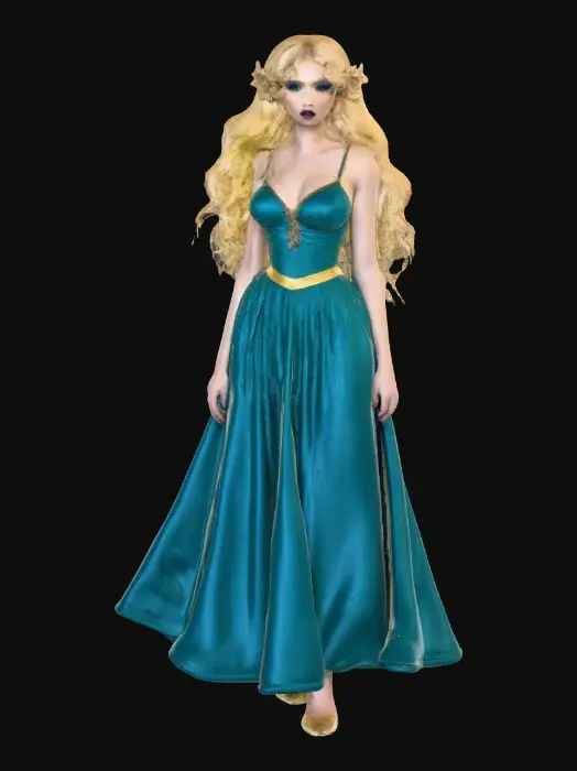 3D model for Sultry Goldilocks" a glamorous sexy reimagining of the classic fairy tale character. This aesthetic often blends the traditional yellow, gold, and blue color palette with modern elements like bold makeup, elaborate blonde hair styling, or high-fashion photography