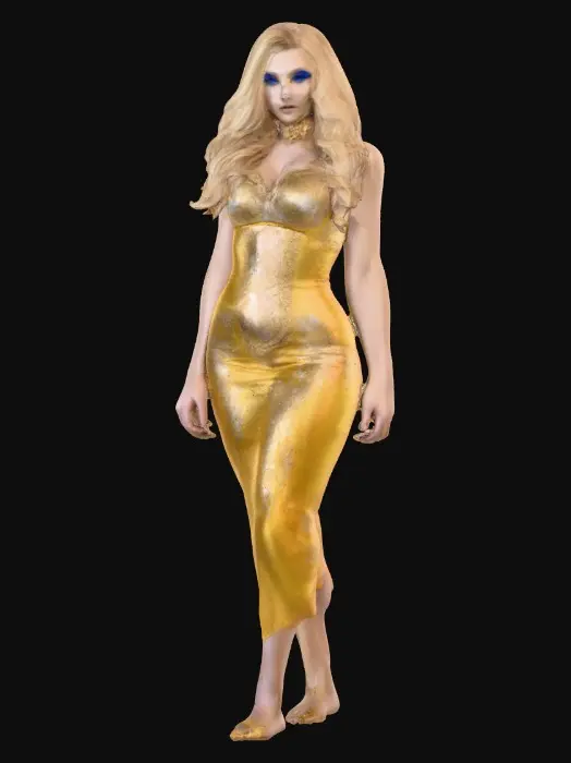 3D model for Sultry Goldilocks" a glamorous sexy reimagining of the classic fairy tale character. This aesthetic often blends the traditional yellow, gold, and blue color palette with modern elements like bold makeup, elaborate blonde hair styling, or high-fashion photography