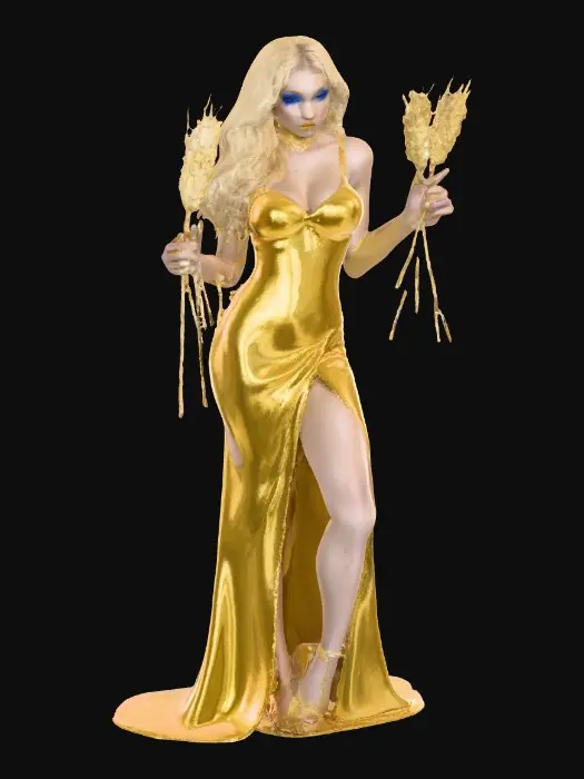 3D model for Sultry Goldilocks" a glamorous sexy reimagining of the classic fairy tale character. This aesthetic often blends the traditional yellow, gold, and blue color palette with modern elements like bold makeup, elaborate blonde hair styling, or high-fashion photography