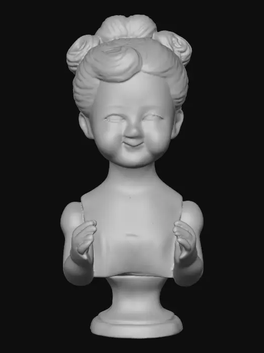 3D model for Art Nouveau. vintage porcelain doll bust with arms and hands, smiles, with big almond-shaped brown eyes in an intricate updo hairstyle. Delicate painted porcelain texture with subtle cracks and wisps of hair. Intricate updo. Elegant, collectible masterpiece, 18th-century aesthetic, detailed, intricate, unique, classic, high quality, vintage. Suitable for 3d model printing