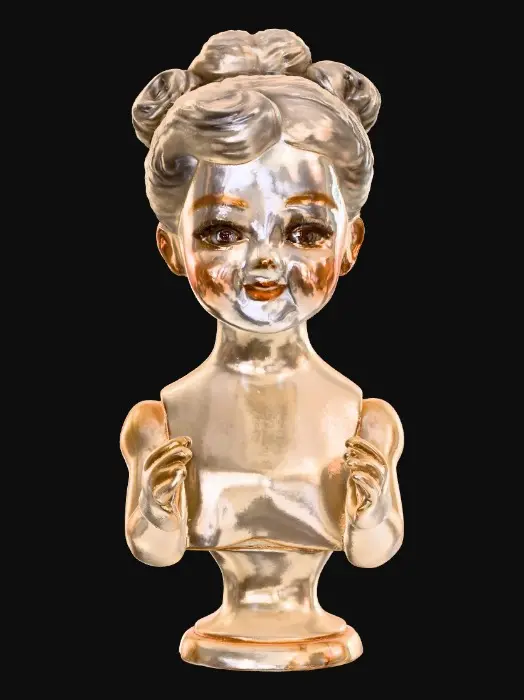 3D model for Art Nouveau. vintage porcelain doll bust with arms and hands, smiles, with big almond-shaped brown eyes in an intricate updo hairstyle. Delicate painted porcelain texture with subtle cracks and wisps of hair. Intricate updo. Elegant, collectible masterpiece, 18th-century aesthetic, detailed, intricate, unique, classic, high quality, vintage. Suitable for 3d model printing