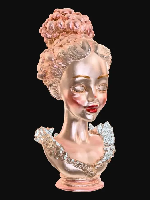 3D model for A vintage porcelain doll bust with arms and hands, Delicate hands with red lacquered fingernails, and polished pink lips smiling. Delicate painted porcelain texture with subtle cracks and wisps of hair in an intricate fancy royal updo hairstyle. Head, shoulders, waist, arms, and hands. Vintage collectible aesthetic. Elegant, subtle Masterpiece, high quality, 3d model ready, detailed, intricate, 17th-century aesthetic.