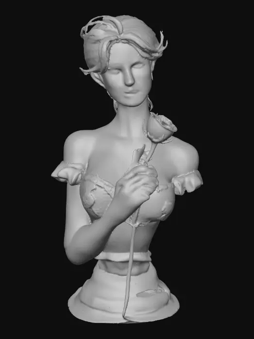3D model for A porcelain  bust of a gorgeous lady holding a single rose in her beautifully manicured hands. Her long red hair is in a partial messy updo. She has a fully made up face with long thick eyelashes and large beautiful eyes.  She is busty with a narrow waist and masterpiece of art