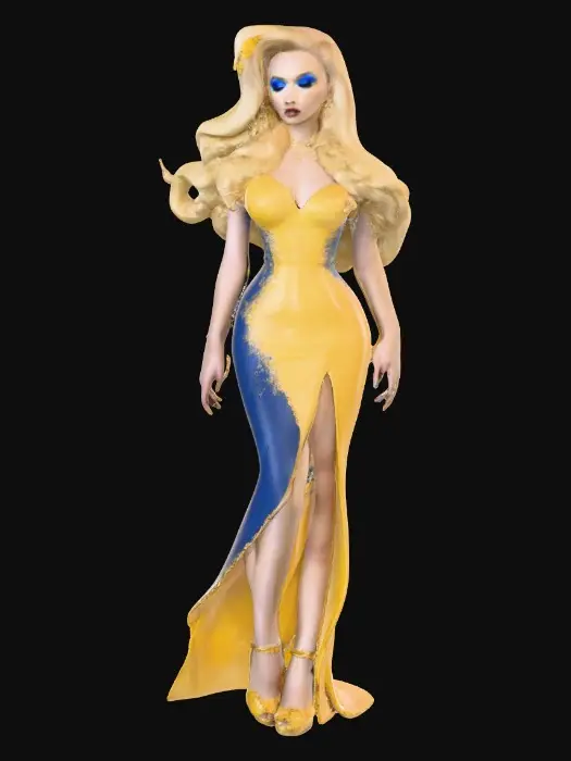 3D model for Sultry Goldilocks" a glamorous reimagining of the classic fairy tale character. This aesthetic often blends the traditional yellow and blue color palette with modern elements like bold makeup, elaborate blonde styling, or high-fashion photography