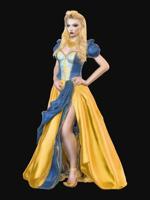 3D model for Sultry Goldilocks" a glamorous reimagining of the classic fairy tale character. This aesthetic often blends the traditional yellow and blue color palette with modern elements like bold makeup, elaborate blonde styling, or high-fashion photography