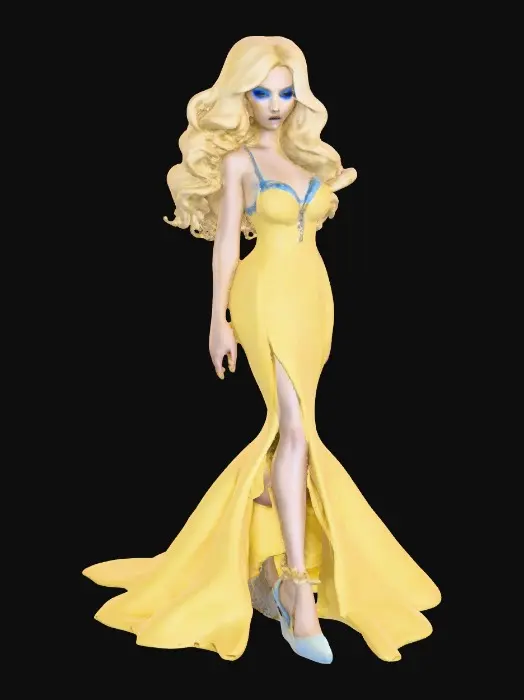 3D model for Sultry Goldilocks" a glamorous reimagining of the classic fairy tale character. This aesthetic often blends the traditional yellow and blue color palette with modern elements like bold makeup, elaborate blonde styling, or high-fashion photography