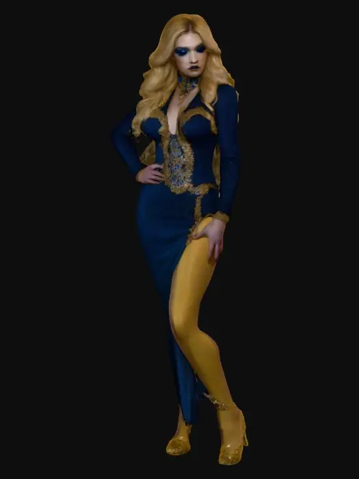 3D model for Sultry Goldilocks" a glamorous reimagining of the classic fairy tale character. This aesthetic often blends the traditional yellow and blue color palette with modern elements like bold makeup, elaborate blonde styling, or high-fashion photography