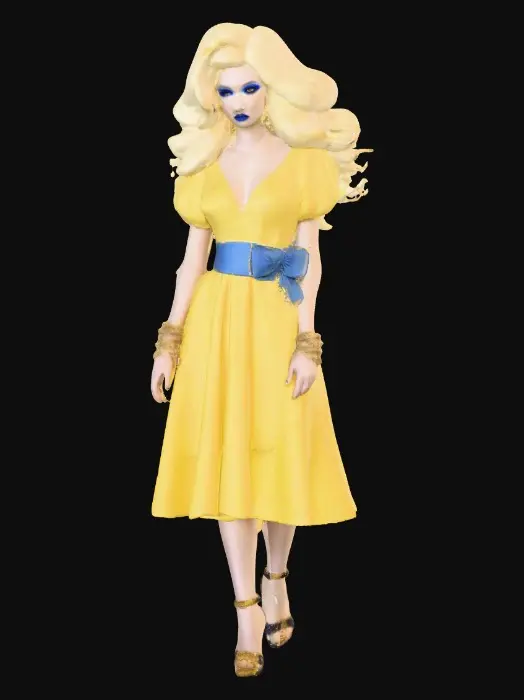 3D model for Sultry Goldilocks" a glamorous reimagining of the classic fairy tale character. This aesthetic often blends the traditional yellow and blue color palette with modern elements like bold makeup, elaborate blonde styling, or high-fashion photography