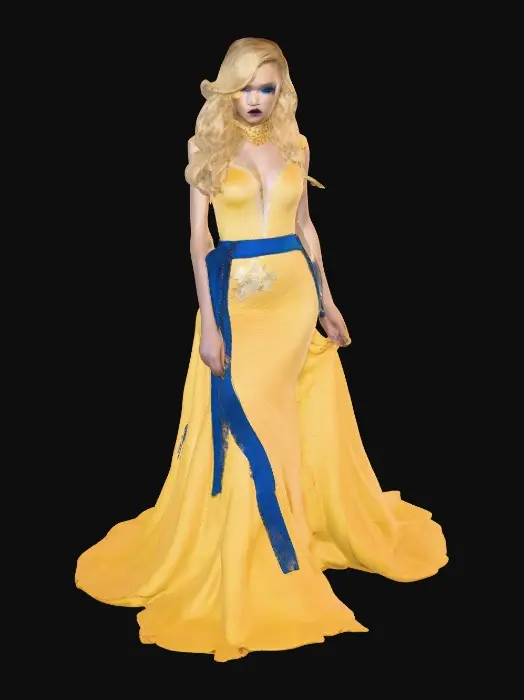 3D model for Sultry Goldilocks" a glamorous reimagining of the classic fairy tale character. This aesthetic often blends the traditional yellow and blue color palette with modern elements like bold makeup, elaborate blonde styling, or high-fashion photography