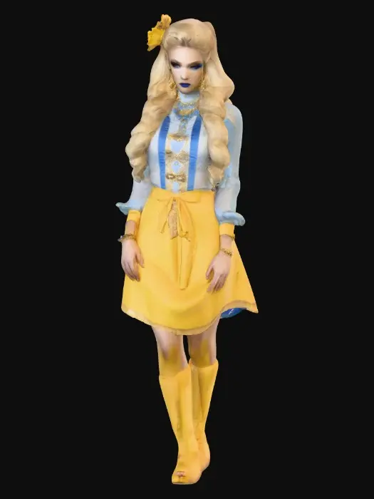 3D model for Sultry Goldilocks" a glamorous reimagining of the classic fairy tale character. This aesthetic often blends the traditional yellow and blue color palette with modern elements like bold makeup, elaborate blonde styling, or high-fashion photography