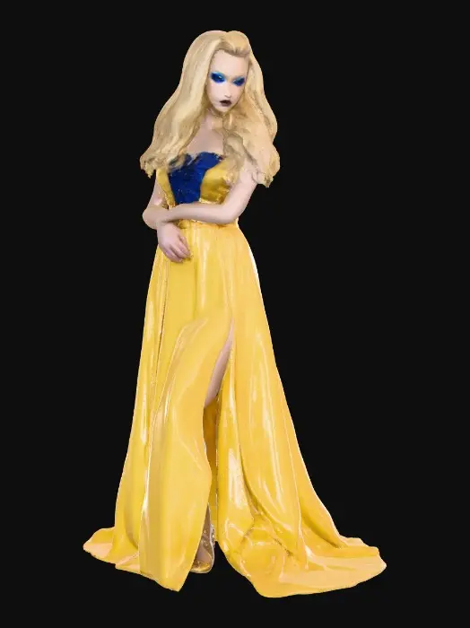 3D model for Sultry Goldilocks" a glamorous reimagining of the classic fairy tale character. This aesthetic often blends the traditional yellow and blue color palette with modern elements like bold makeup, elaborate blonde styling, or high-fashion photography