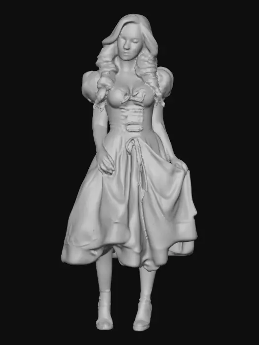 3D model for Sultry Goldilocks" a glamorous reimagining of the classic fairy tale character. This aesthetic often blends the traditional yellow and blue color palette with modern elements like bold makeup, elaborate blonde styling, or high-fashion photography she is wearing a laced up bodice and a full skirt very sultry looking figure