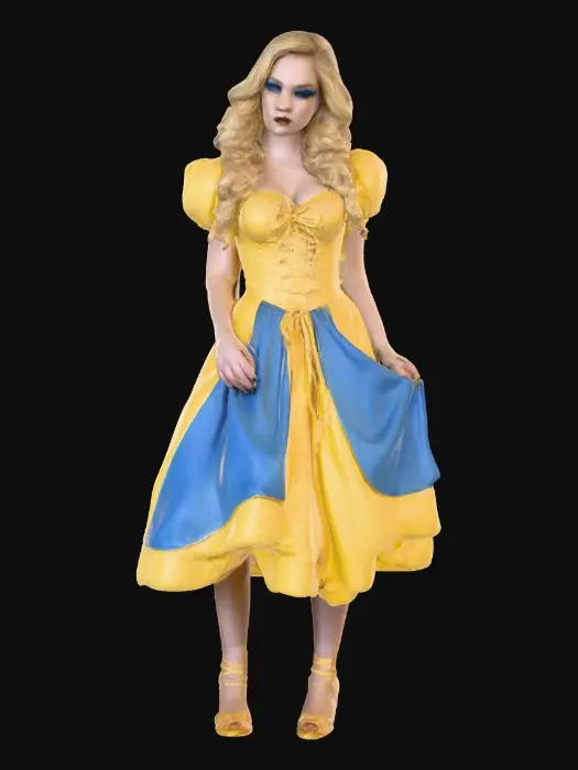 3D model for Sultry Goldilocks" a glamorous reimagining of the classic fairy tale character. This aesthetic often blends the traditional yellow and blue color palette with modern elements like bold makeup, elaborate blonde styling, or high-fashion photography she is wearing a laced up bodice and a full skirt very sultry looking figure