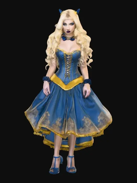 3D model for Sultry Goldilocks" a glamorous reimagining of the classic fairy tale character. This aesthetic often blends the traditional yellow and blue color palette with modern elements like bold makeup, elaborate blonde styling, or high-fashion photography she is wearing a laced up bodice and a full skirt very sultry looking figure