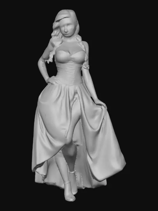 3D model for Sultry Goldilocks" a glamorous reimagining of the classic fairy tale character. This aesthetic often blends the traditional yellow and blue color palette with modern elements like bold makeup, elaborate blonde styling, or high-fashion photography she is wearing a laced up bodice and a full skirt very sultry looking figure
