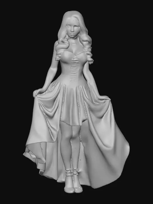 3D model for Sultry Goldilocks" a glamorous reimagining of the classic fairy tale character. This aesthetic often blends the traditional yellow and blue color palette with modern elements like bold makeup, elaborate blonde styling, or high-fashion photography she is wearing a laced up bodice and a full skirt very sultry looking figure