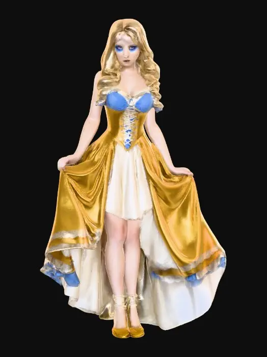 3D model for Sultry Goldilocks" a glamorous reimagining of the classic fairy tale character. This aesthetic often blends the traditional yellow and blue color palette with modern elements like bold makeup, elaborate blonde styling, or high-fashion photography she is wearing a laced up bodice and a full skirt very sultry looking figure