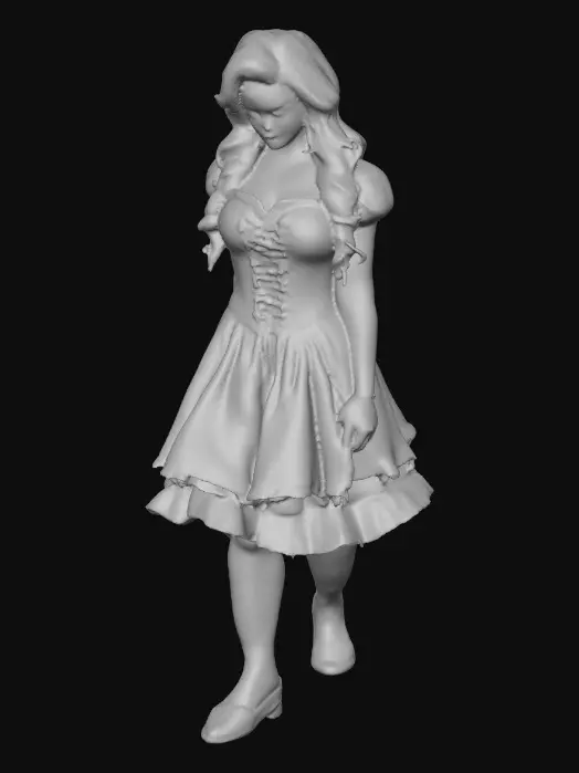 3D model for Sultry Goldilocks" a glamorous reimagining of the classic fairy tale character. This aesthetic often blends the traditional yellow and blue color palette with modern elements like bold makeup, elaborate blonde styling, or high-fashion photography she is wearing a laced up bodice and a full skirt very sultry looking figure