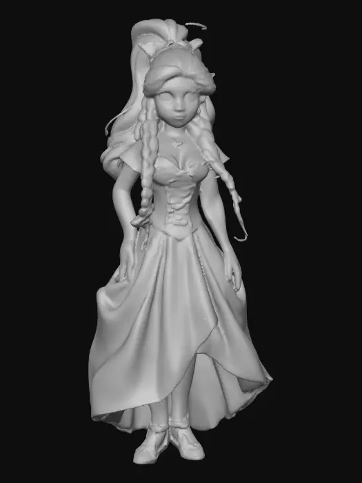 3D model for Sultry Goldilocks" a glamorous reimagining of the classic fairy tale character. This aesthetic often blends the traditional yellow and blue color palette with modern elements like bold makeup, elaborate blonde styling, or high-fashion photography she is wearing a laced up bodice and a full skirt very sultry looking figure